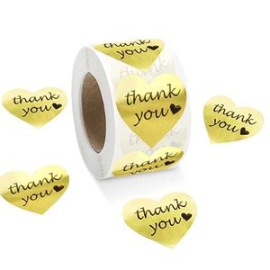 500 roll gold foil heart thank you stickers! 1.5”